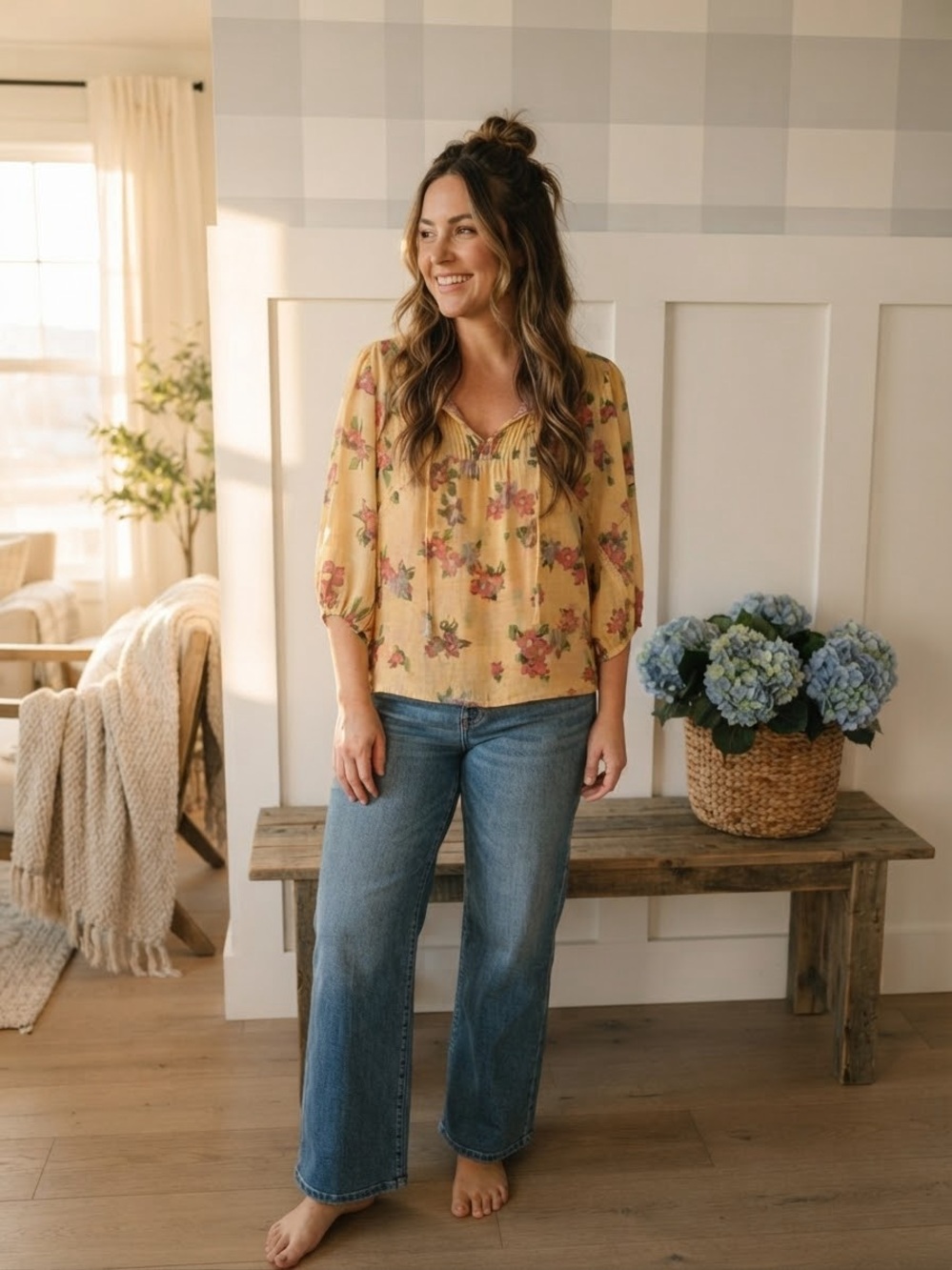 Zac & Rachel Butter Yellow Floral Peasant Top Large